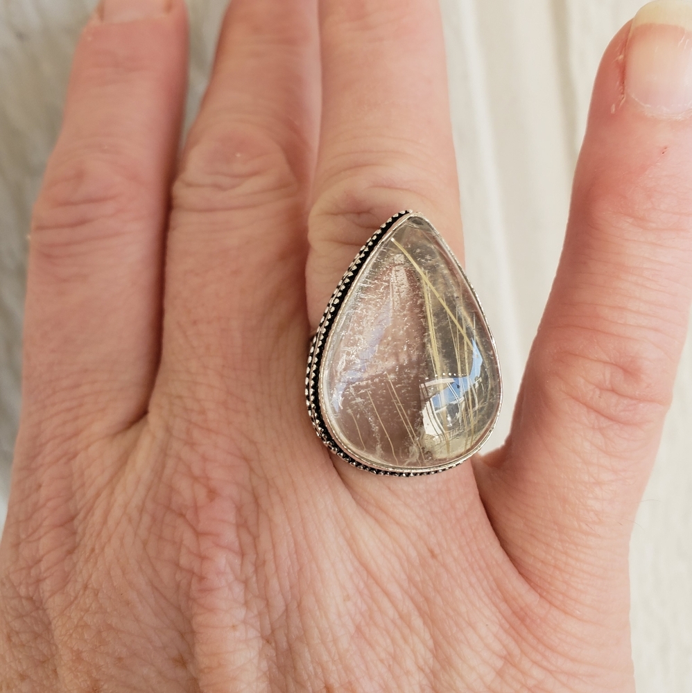 Natural Golden Rutile 925 Silver Ring.